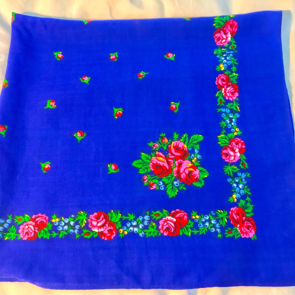 Vintage Hand Screen Printed 100% Virgin Wool Scarf Blue Floral